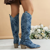 Botas hasta la rodilla con punta redonda en denim lavado